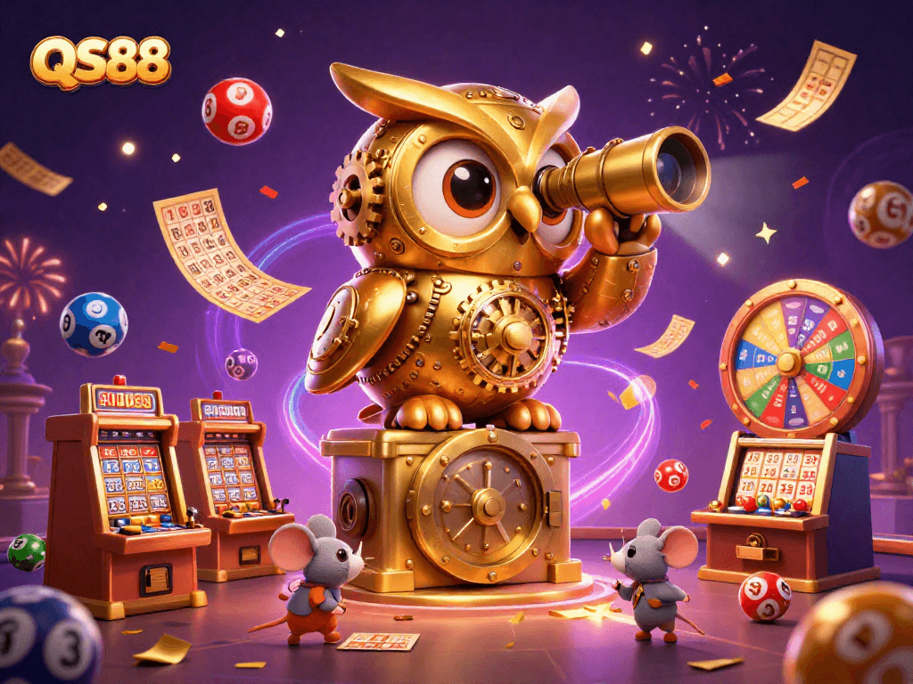 Join the excitement at QS88 with vibrant lottery balls and a clockwork owl on a bustling casino floor.