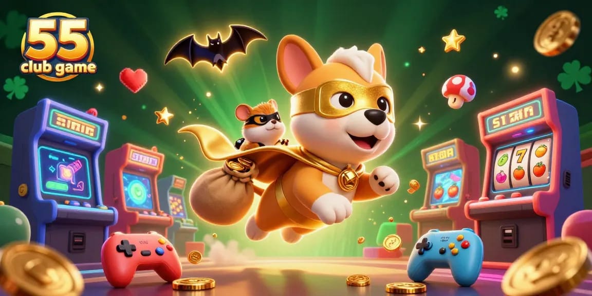 Join the adventure with the 55 club game as our superhero dog and sidekick come to life amidst vibrant casino elements.