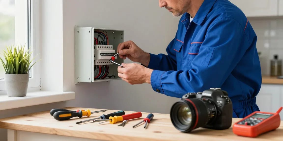 Elektriker in Essen installiert Elektrik in einem hellen Wohnbereich.