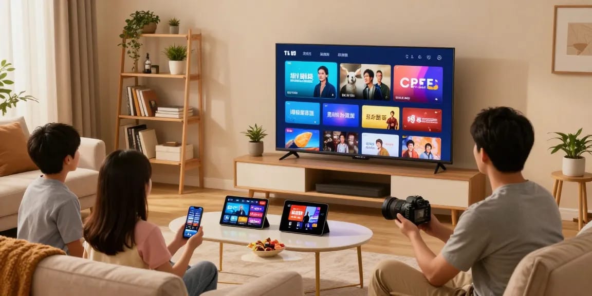 iptv kaufen: Moderne Wohnzimmereinrichtung mit Familie, die gemütlich IPTV auf Smart TV schaut, Snacks auf dem Tisch.