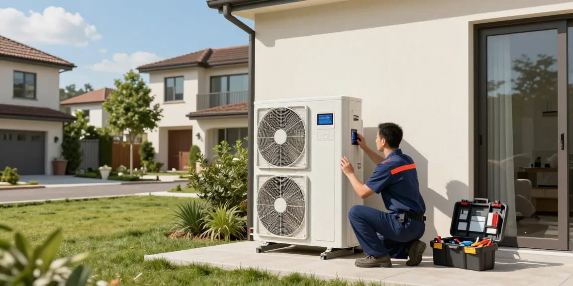 Efficient wärmepumpe bosch in a modern house, technician inspecting eco-friendly installation.