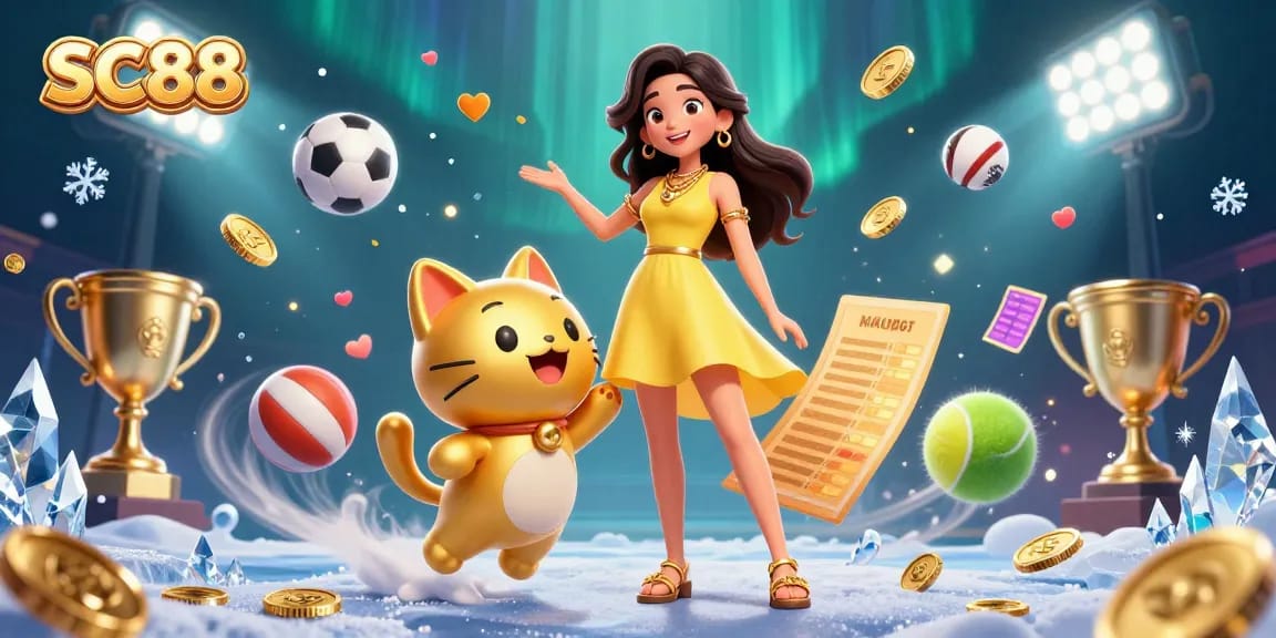 Bet on SC88 with a beautiful Asian woman and a lucky cat amidst vibrant casino elements.
