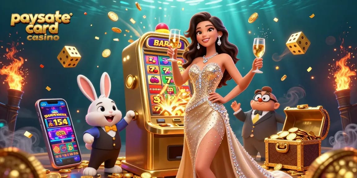 Interagieren Sie mit aufregenden Spielen in einem Paysafe Card Casino, mit einer glamourösen Frau und Jackpot-Spielautomaten.