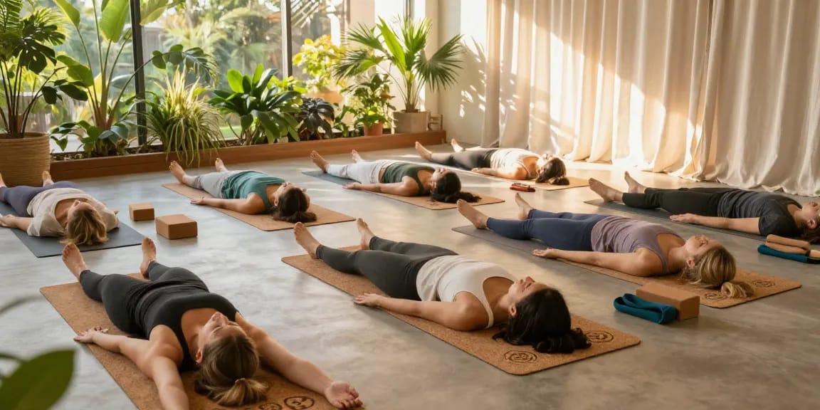 Engaging yoga class on unique Yogamatte Kork personalisiert, showcasing personalized cork designs and a serene studio atmosphere.