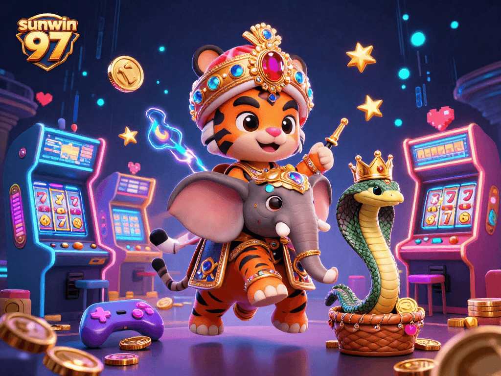 Experience the thrill of gaming with sunwin 97 featuring a maharaja, elephant, and slot reels.