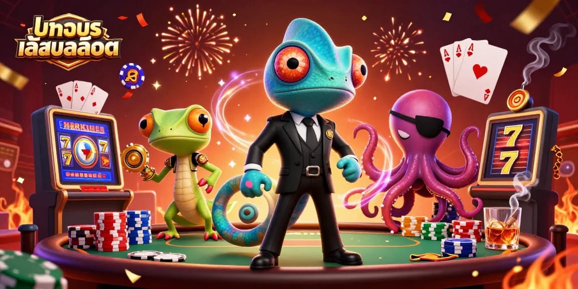 Engage with ทดลองเล่นสล็อต in a vivid casino scene featuring a chameleon secret agent, gecko tech genius, and octopus villain.