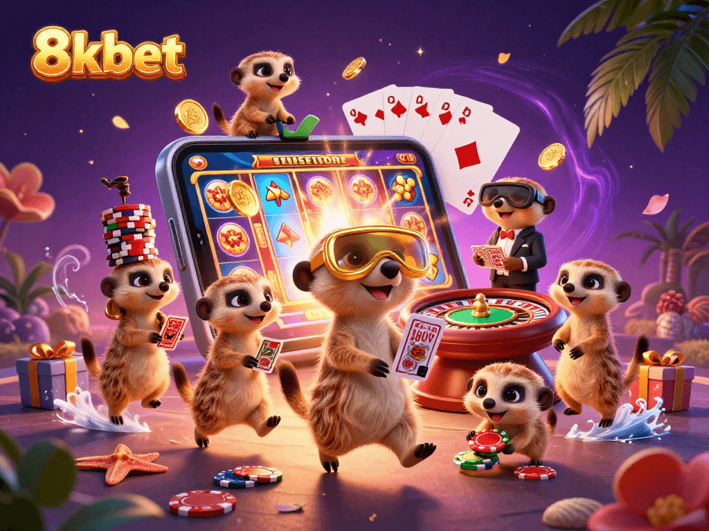 Experience thrilling gaming at 8xbet's vibrant cartoon casino with meerkats managing the excitement.