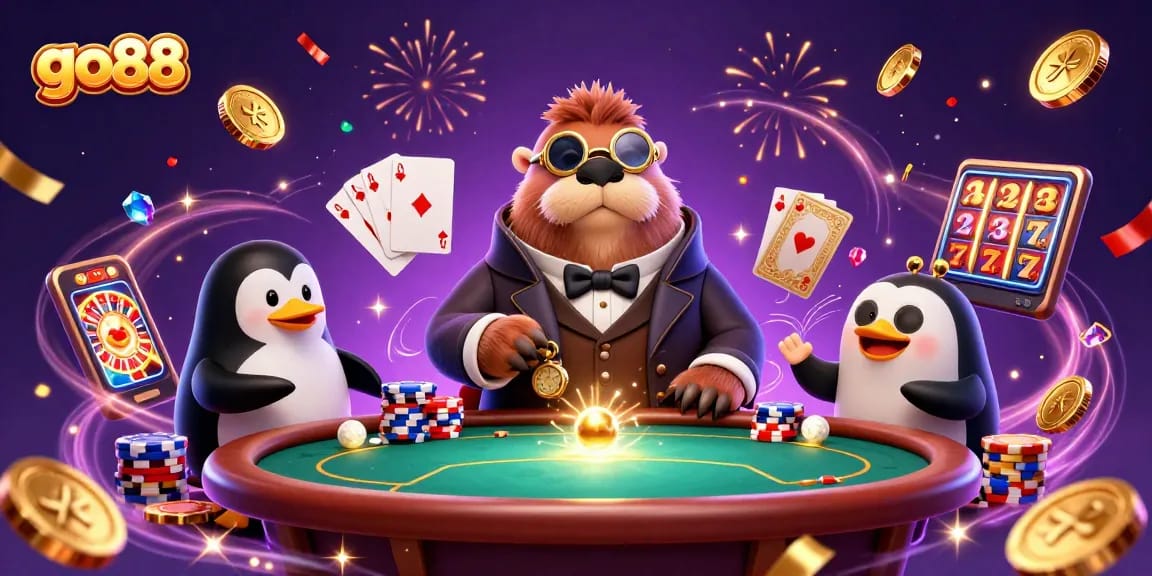 Immerse in go88's vibrant casino world with a jolly walrus and sophisticated characters playing poker and enjoying thrilling games.