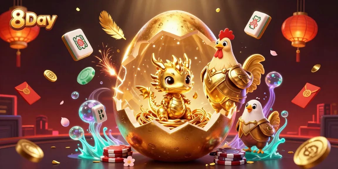 Experience thrilling action with 8Day's captivating golden dragon emerging amidst poker chips and festive decorations.