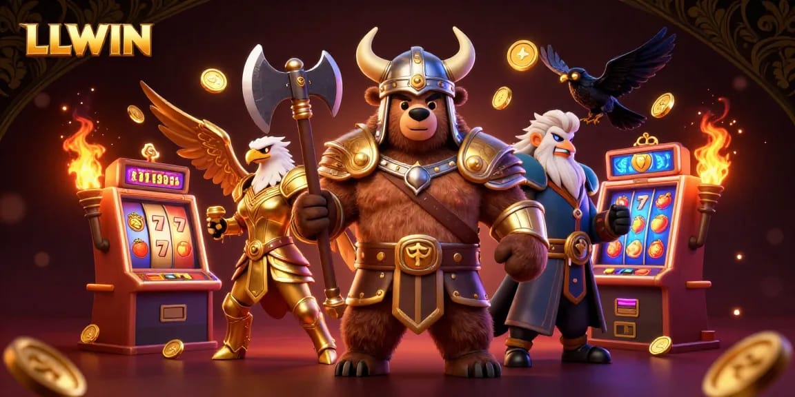Engage with LLWIN’s thrilling 3D slot experience featuring a Viking bear and Valkyrie eagle amidst gold coins.