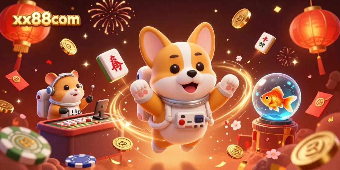 Engage in thrilling gameplay at xx88com with a lively 3D casino scene featuring a floating corgi, hamster, and goldfish.