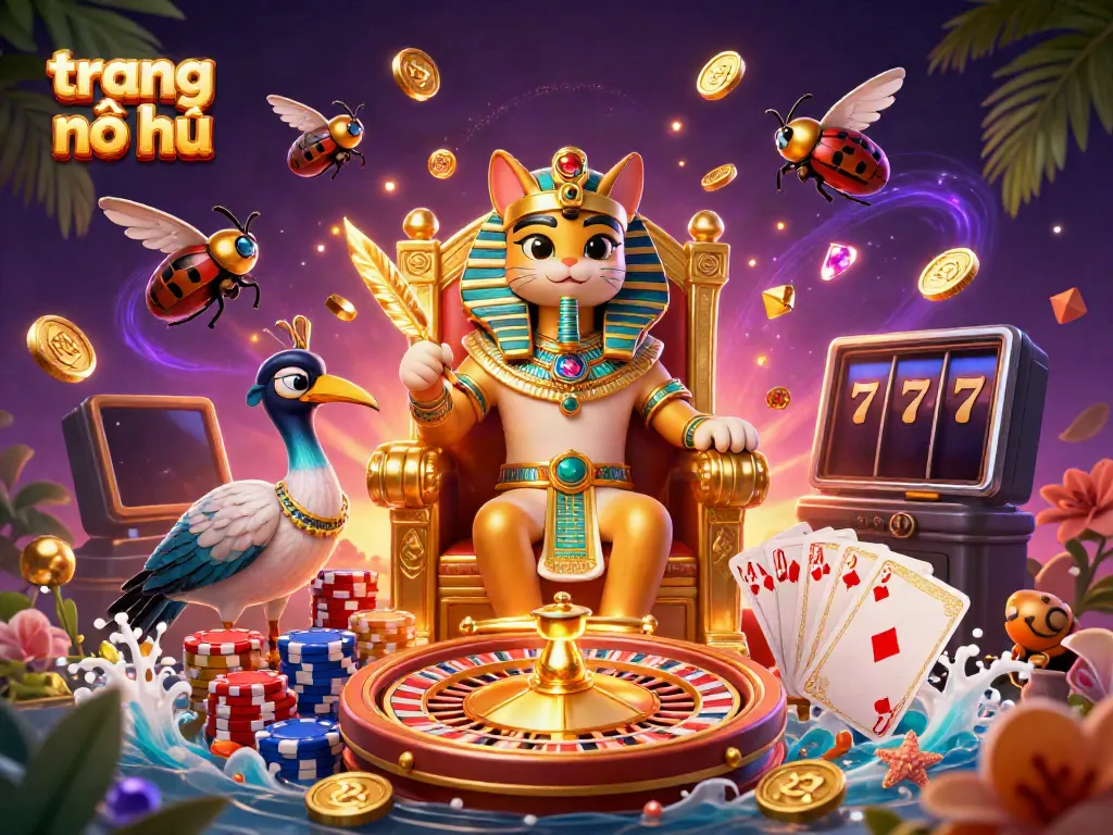 Engage with "trang nổ hũ" in a vibrant online casino setting featuring animated 3D characters and casino elements.