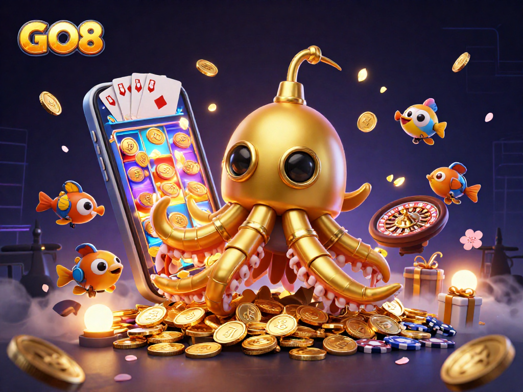 Experience thrilling gameplay with GO8's golden kraken submarine emerging from golden coins, showcasing vibrant casino elements.