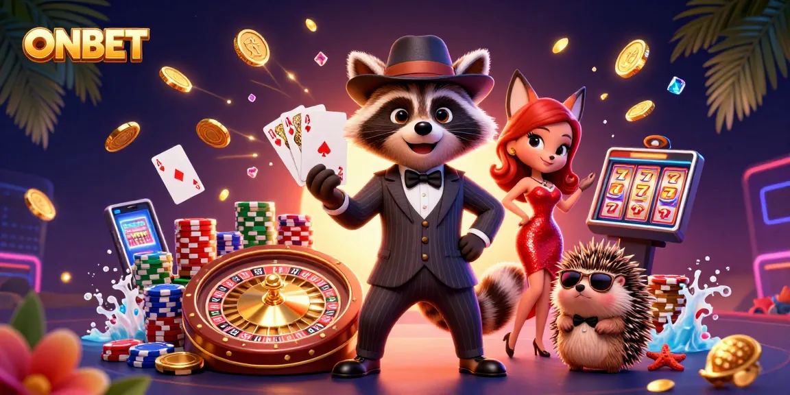 Experience winning action with ONBET as a suave raccoon, radiant fox, and bouncer in a vibrant casino.