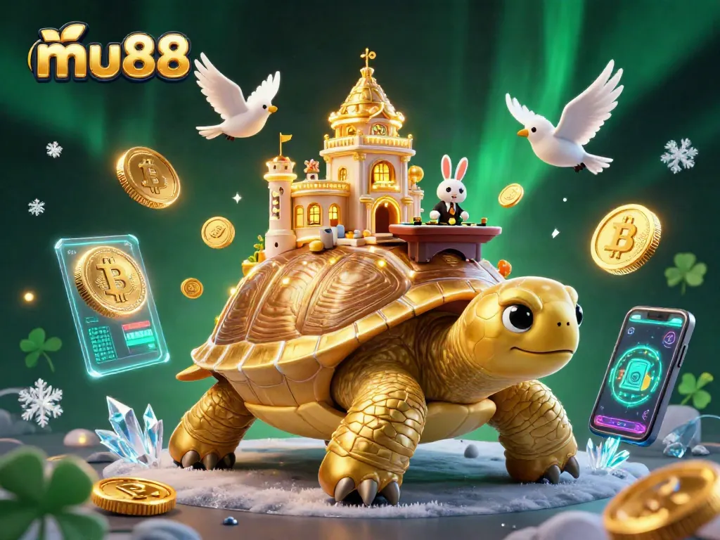 Experience mu88's excitement with a golden tortoise casino illustration, vibrant crypto elements, and enchanting visuals.