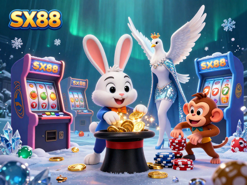 SX88 introduces an exciting 3D scene with a magician rabbit pulling coins and playful characters amidst a vibrant casino theme