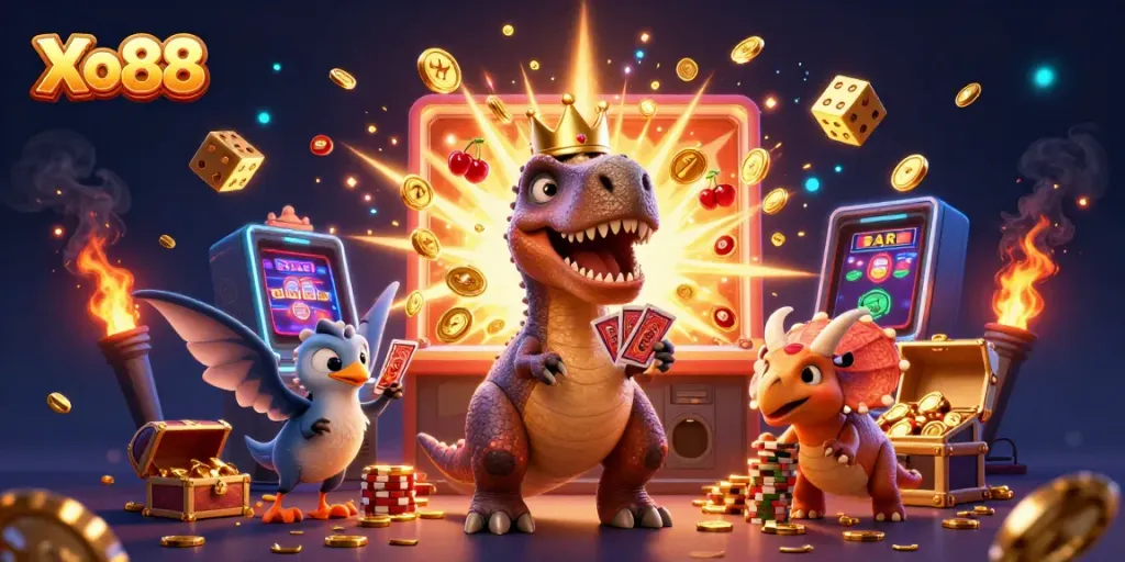 Spin the reels on Xo88’s dynamic casino scene filled with engaging characters and vibrant game elements.