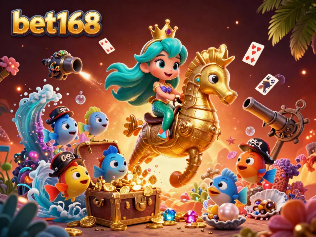 Experience excitement and wins with bet168 in a vibrant, colorful underwater casino scene.