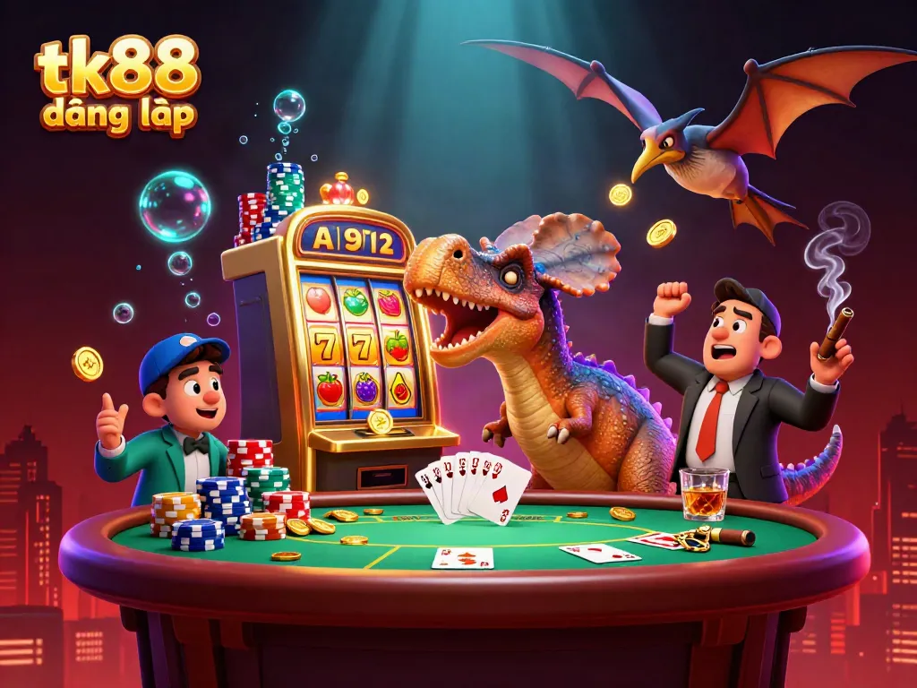 tk88 đăng nhập scene with dinosaurs in a casino headbutting a slot machine for a jackpot