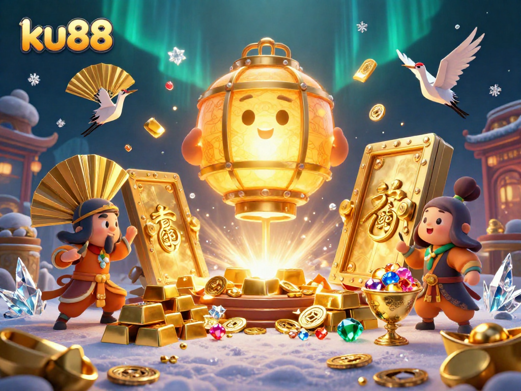Experience exciting gameplay at ku88 with golden lantern spirits and treasures in a vibrant casino setting.
