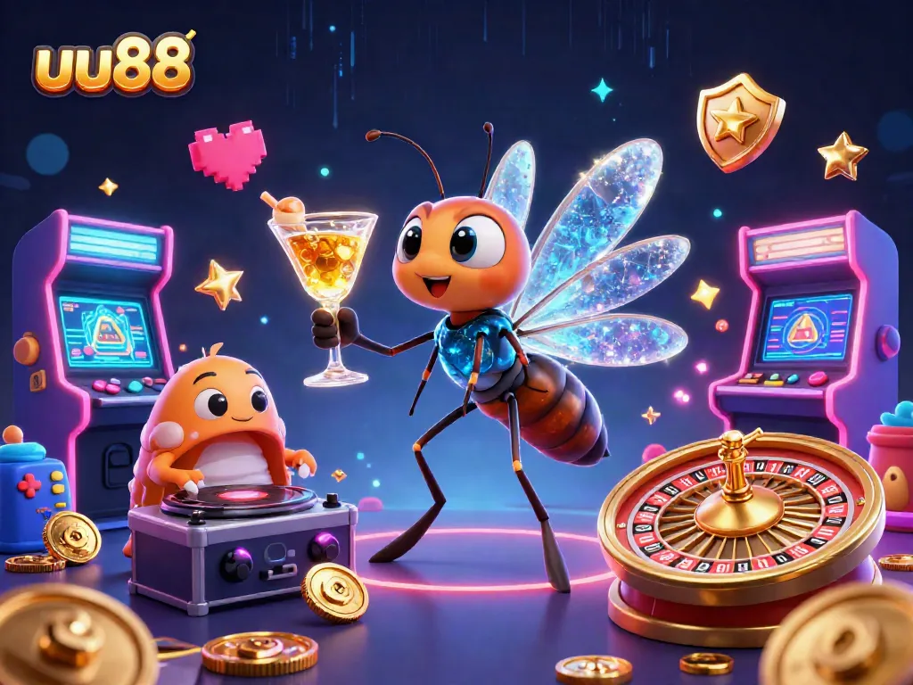 uu88 brings excitement to life with a vibrant 3D casino scene featuring unique characters and elements.