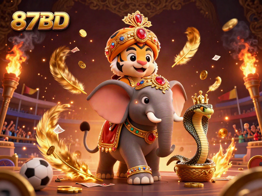 Bet on sports with 87BD's vibrant illustration of the majestic maharaja tiger, elephant, and cobra.