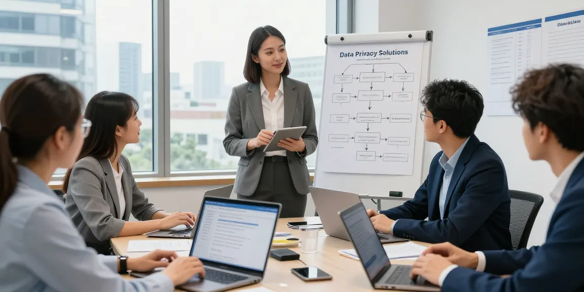Beratung zur Datenschutzdienstleistung in einem modernen Büro mit Präsentation über DSGVO-Compliance.