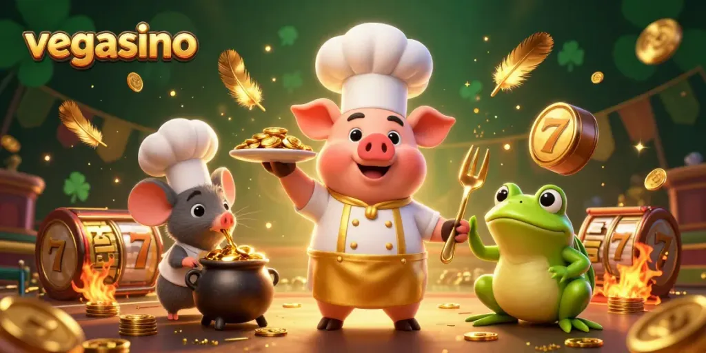 Engage with vegasino's thrilling atmosphere featuring a chef pig and sous-chef mouse in a vibrant casino scene.