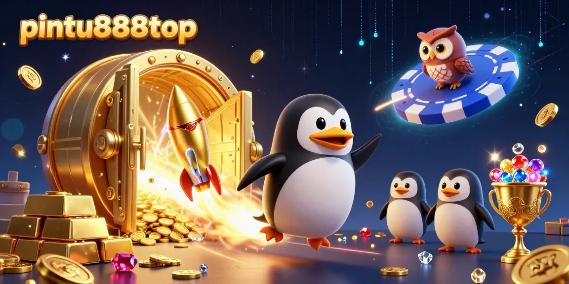 Experience the excitement of gaming at pintu888top with dynamic visuals of a golden penguin and casino elements.