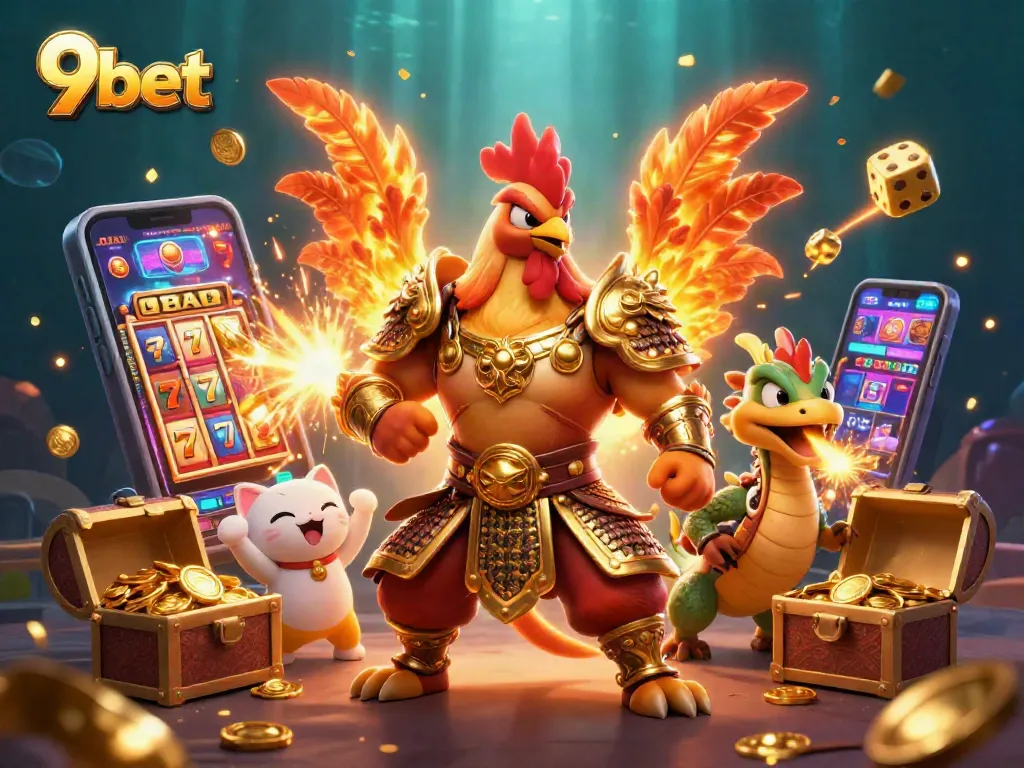 Engage with 9bet's immersive casino fun through a dynamic 3D illustration featuring captivating gaming characters.
