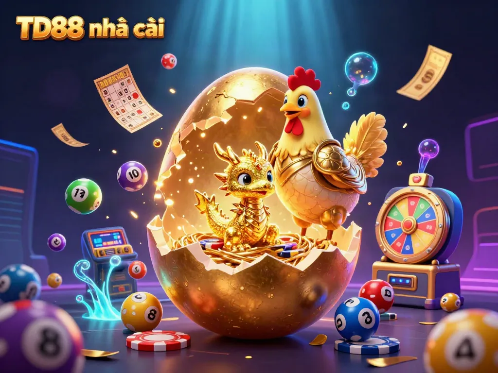 Engage with TD88 nhà cái, featuring a golden dragon, poker chips, and vibrant gaming elements in action.