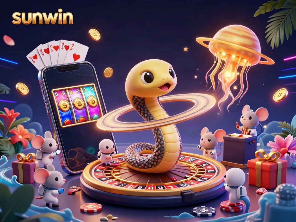Win big with sunwin in this vibrant casino-themed cosmic scene featuring playful characters.