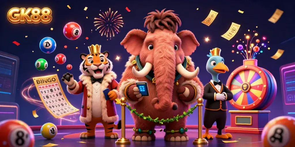 Experience the excitement at GK88 with a cartoon casino scene featuring a woolly mammoth bouncer, saber-tooth tiger guest, and dodo doorman amidst a vibrant backdrop.