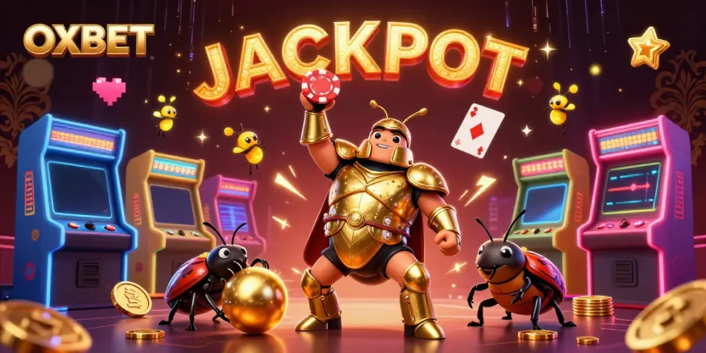 Experience the excitement of OXBET as a hercules beetle lifts a poker chip triumphantly.