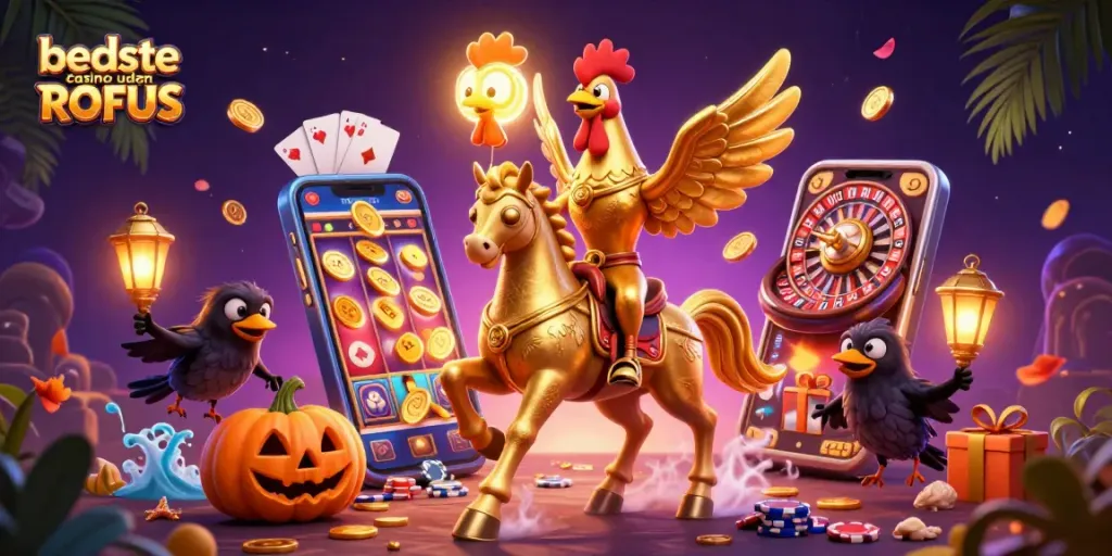 Engage with the best casino uden ROFUS in a vibrant 3D digital illustration packed with exciting gaming elements.