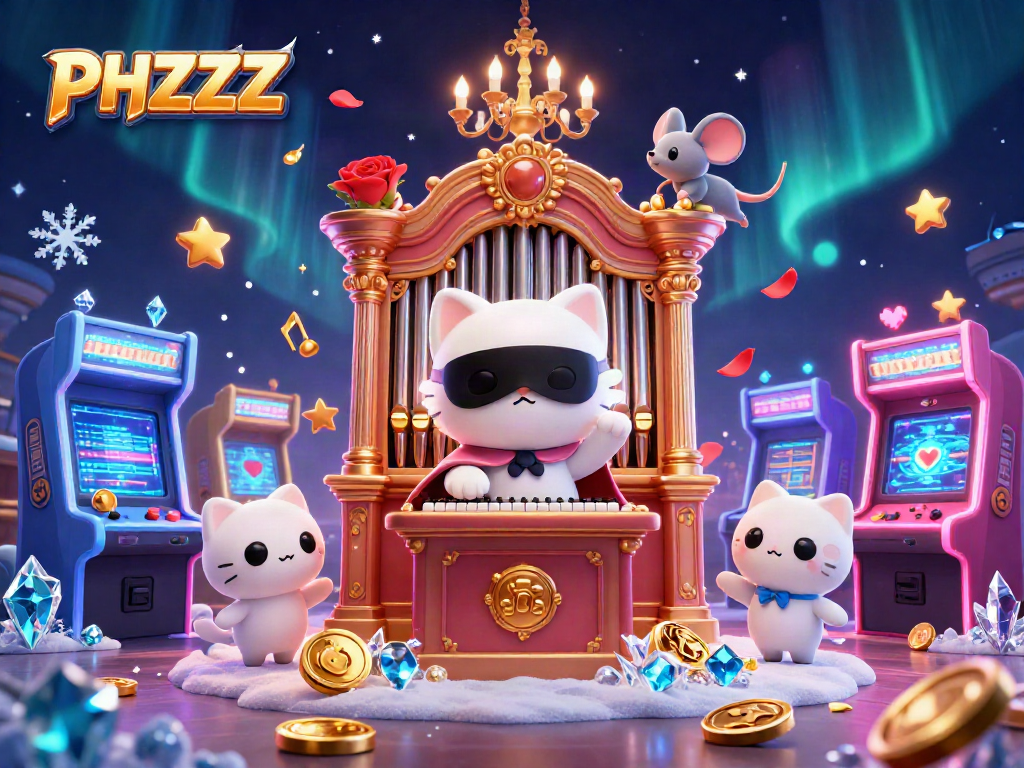 Play PHZZZ with a captivating scene of a phantom cat at an ornate organ, enhanced by shimmering casino elements.