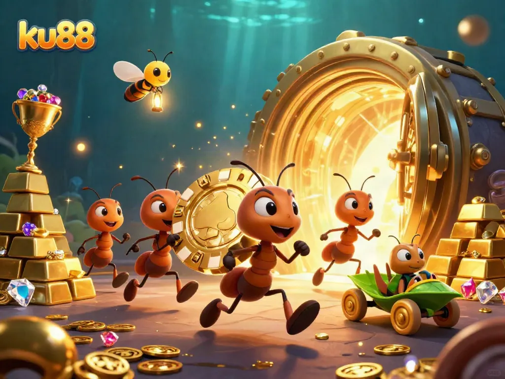 Engaging chances await with ku88 as ants steal a giant poker chip in a vibrant casino heist scene.