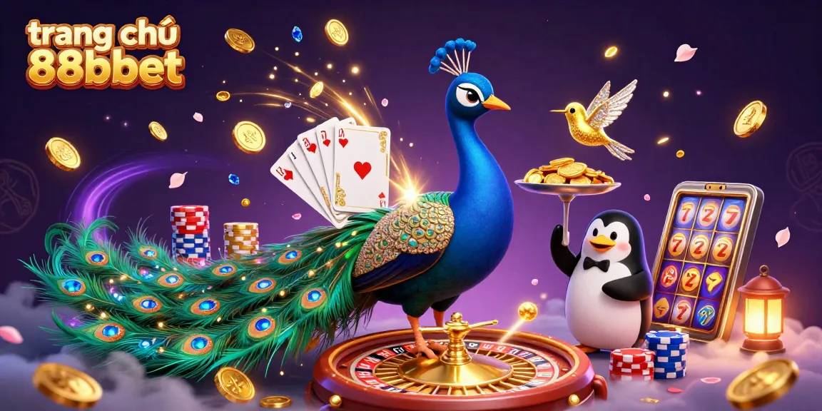 Trải nghiệm trò chơi tại trang chủ 88bbet với hình ảnh con công quý tộc và các yếu tố casino thú vị.