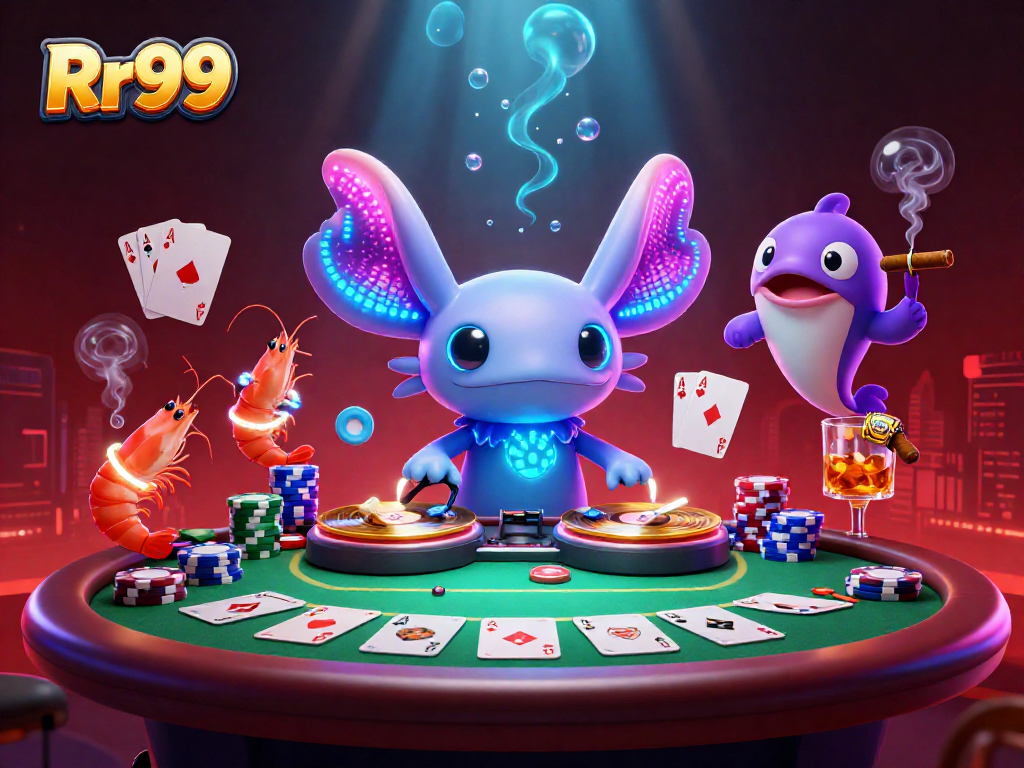 Engage in thrilling gameplay at Rr99 with a vibrant underwater casino scene featuring axolotl DJ and colorful poker elements.