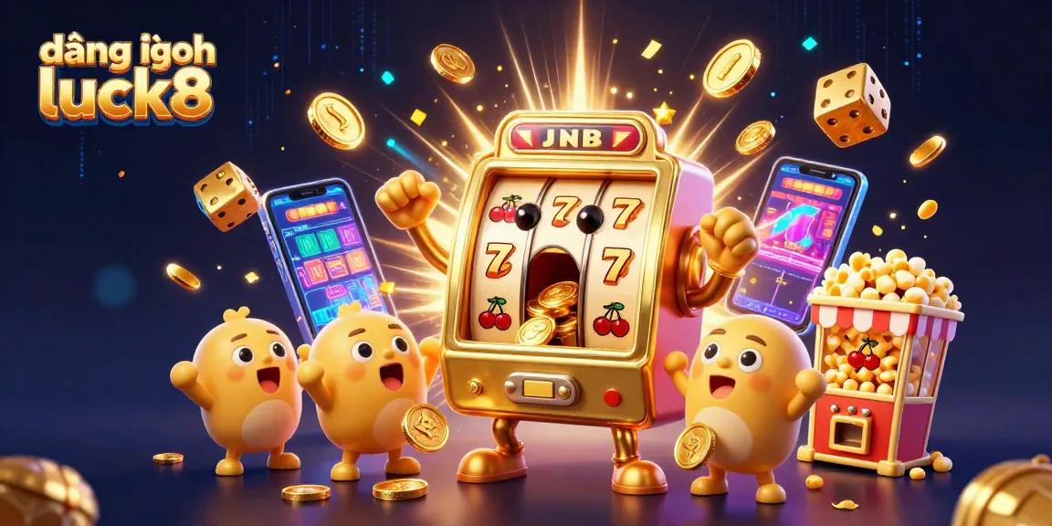 Experience the excitement of đăng nhập luck8 with a lively 3D scene featuring golden slot machines celebrating a jackpot.