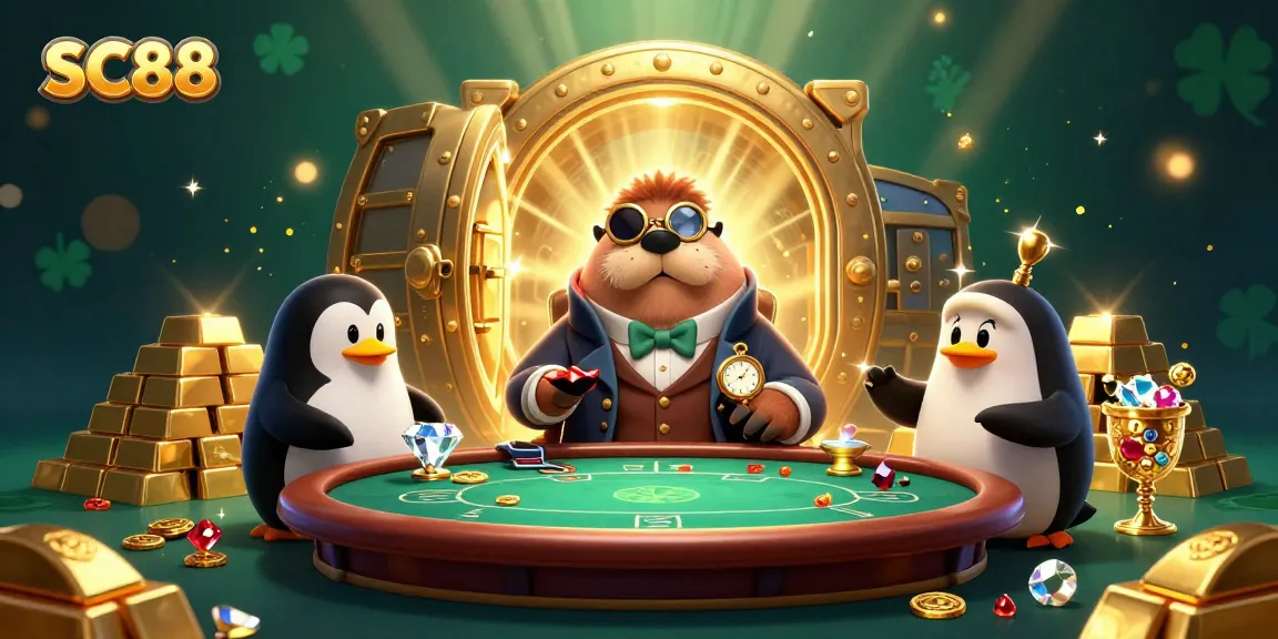 SC88 poker scene with a jolly walrus and penguin dealer showcasing gold treasures and vibrant casino elements.