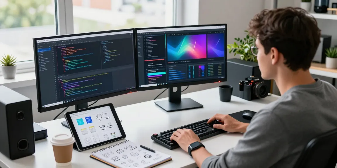 Build internal tools with AI in a modern tech workspace featuring a developer coding with dual monitors and vibrant decor.