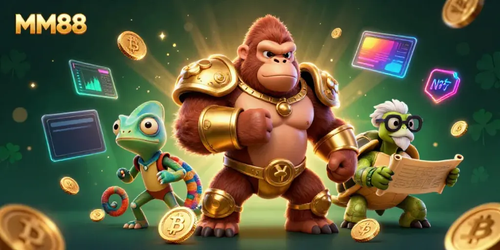 Engage in MM88's dynamic gambling world with a powerful gorilla king and companions.