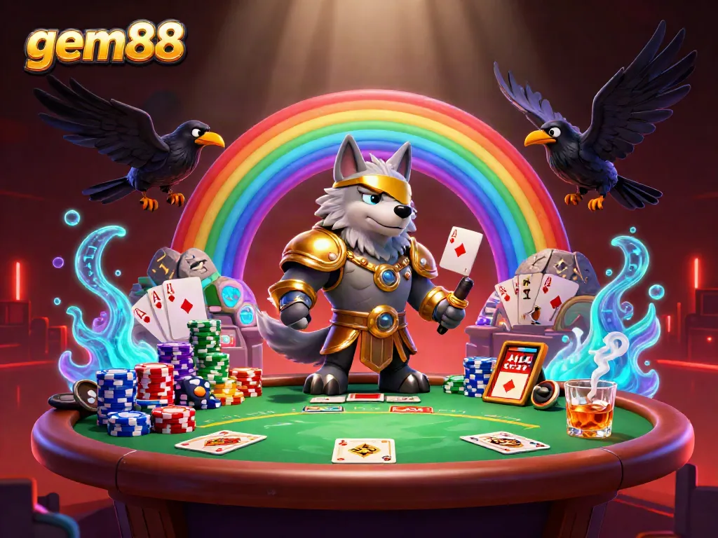 Play and win at gem88 with a vibrant casino scene featuring Odin and ravens among poker elements.