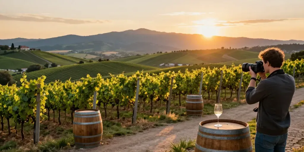 Malerische Weinregionen mit Weinreben im Sonnenuntergang und einem Fotografen.
