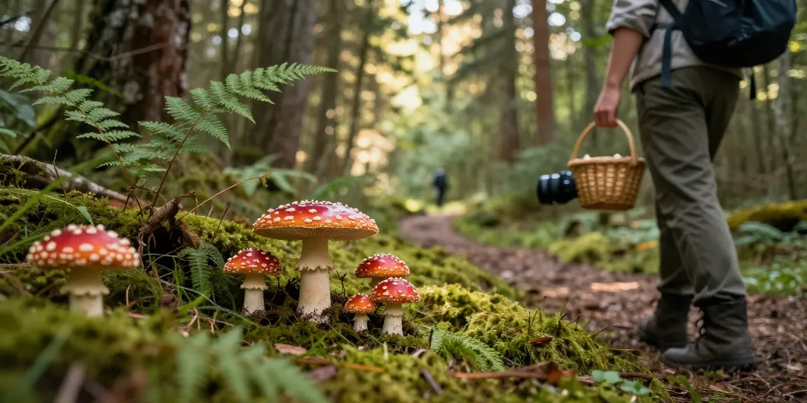 Amanita muscaria kaufen in einer ruhigen Waldszene mit einem Wanderer, der Pilze beobachtet.