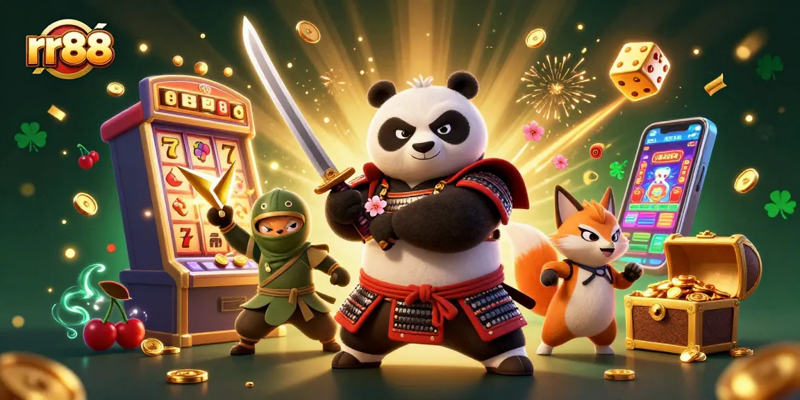 Experience the thrilling action at rr88 with a samurai panda, ninja fox, and magical tanuki among vibrant casino elements.