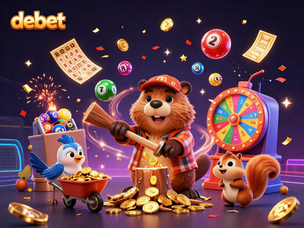 Experience debet's exciting casino scene with a beaver, coins, and lottery elements in vibrant detail.