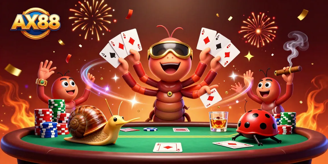 AX88 dealer shines as a millipede with cards, engaging high-rollers in a vibrant poker scene.