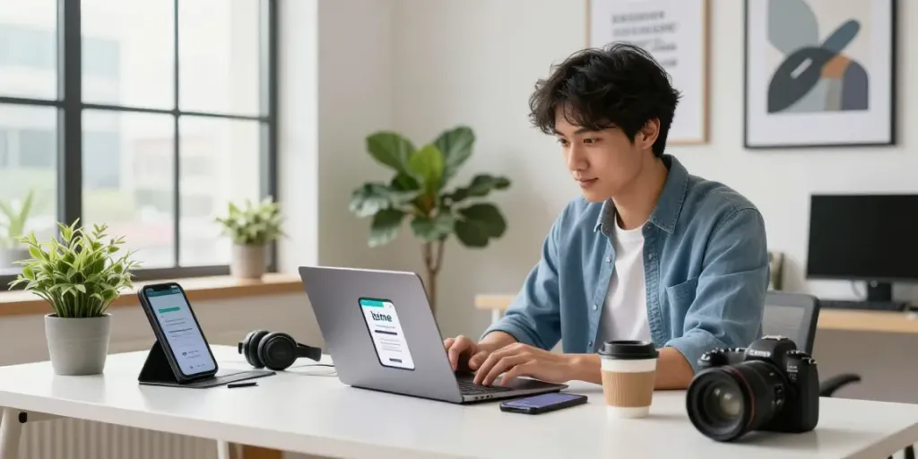 Überprüfung Ihrer Identität mit itsme in einem modernen Büro, Laptop und Smartphone zeigen die App.